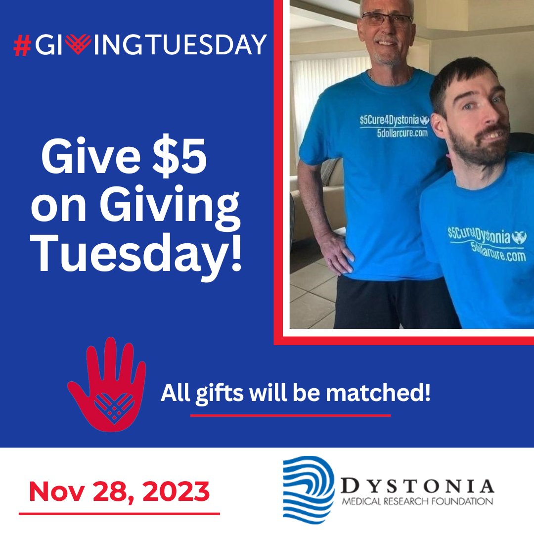 ❤️ Giving Tuesday is here! Help us raise money and awareness $5 at a time. All funds raised today will be eligible to be matched by an anonymous donor. bit.ly/3Ra8YeZ Give DMRF🖐️on Giving Tuesday! #givingtuesday #5dollarcure4dystonia #dystonia #dystoniaawareness #DMRF