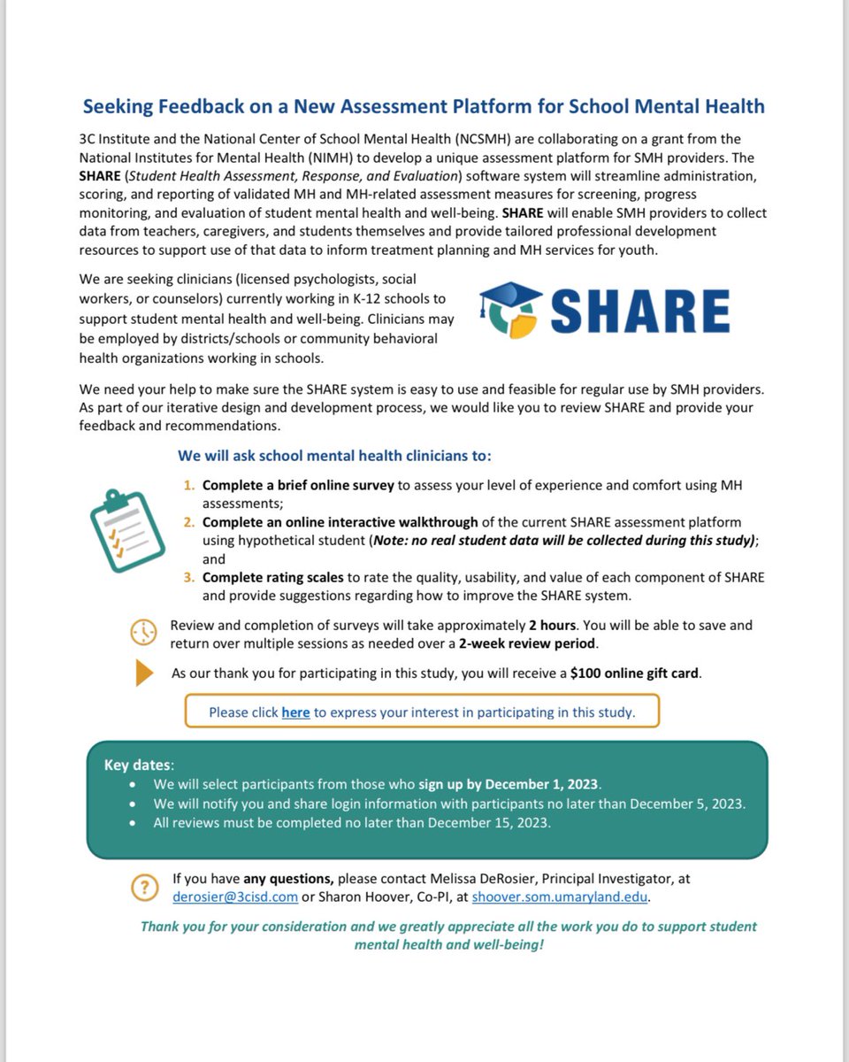 jlk (@drjericaknox) on Twitter photo ‼️‼️ SCHOOL MENTAL HEALTH CLINICIANS: Receive $100 for providing feedback on a new assessment platform! Sponsored by <a href="/NCSMHtweets/">National Center for School Mental Health</a>! To express interest in the study, please click the following link: share.3cimpact.com/d/ql8d3la. ‼️‼️ SCHOOL MENTAL HEALTH CLINICIANS: Receive $100 for providing feedback on a new assessment platform! Sponsored by <a href="/NCSMHtweets/">National Center for School Mental Health</a>! To express interest in the study, please click the following link: share.3cimpact.com/d/ql8d3la.