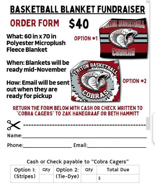 Girls Basketball at home vs. Lake City tonight. Go Cobras! 

Blankets have arrived and they are available for purchase. Your support of Triton Boys and Girls Basketball is much appreciated!