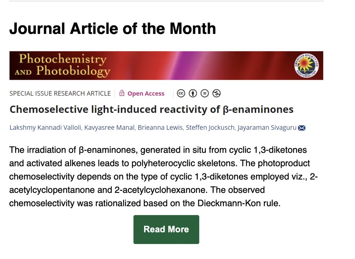 Sivaguru Lab (@sivagurulab) on Twitter photo Glad to share that our Photochemistry and Photobiology article was selected as "Journal article of the month" by ASP (American Society for Photobiology, <a href="/ASPhotobiology/">American Society for Photobiology</a>). Congrats Lakshmy, Kavya and Brie (Undergraduate author)
us6.campaign-archive.com/?u=4ccb66c6fa9… Glad to share that our Photochemistry and Photobiology article was selected as "Journal article of the month" by ASP (American Society for Photobiology, <a href="/ASPhotobiology/">American Society for Photobiology</a>). Congrats Lakshmy, Kavya and Brie (Undergraduate author)
us6.campaign-archive.com/?u=4ccb66c6fa9…