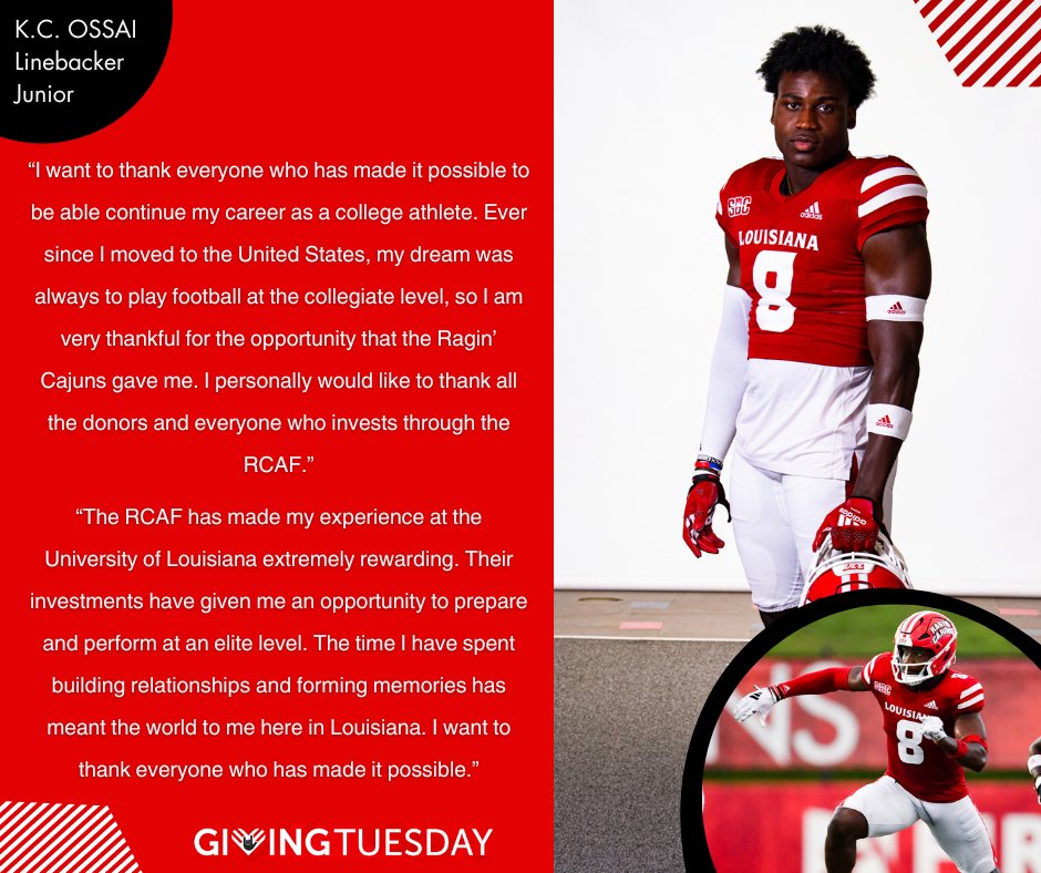 geauxRCAF's tweet photo. Take a look at how Louisiana Athletics investments have helped turn K.C. Ossai's dreams into a reality.🏈

GIVE NOW➡️ https://t.co/75vjtBRyxx

#GeauxRCAF | @RaginCajunsFB ⚜️ https://t.co/QgrbkOjl0B