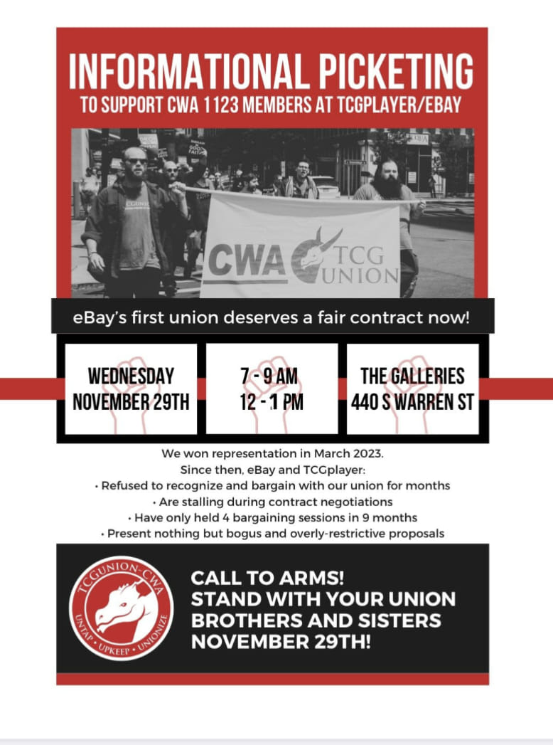 Stand with @TCGunionCWA tomorrow! Bundle up, bring your coffee, and let's show these workers that the CNY union community stands with them! #TCGUnionStrong #UnionBustingIsDisgusting