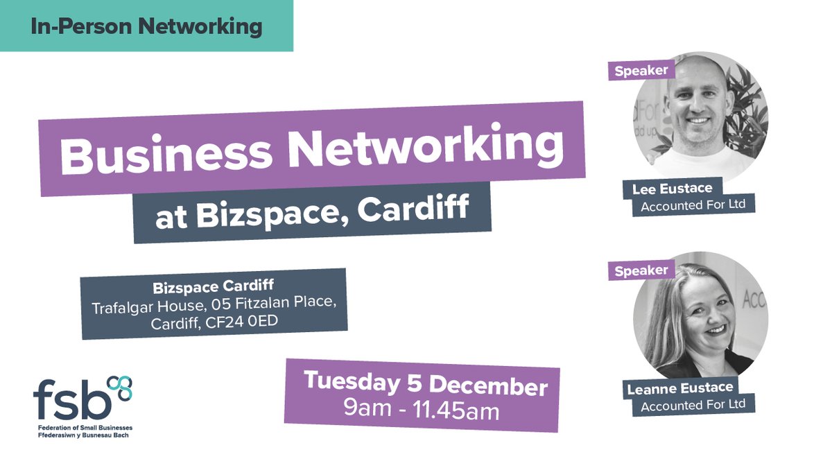 ⏰🚨 Last chance for 𝗕𝘂𝘀𝗶𝗻𝗲𝘀𝘀 𝗡𝗲𝘁𝘄𝗼𝗿𝗸𝗶𝗻𝗴 @ @BizSpaceUK, 𝗖𝗮𝗿𝗱𝗶𝗳𝗳! 

🤝 Connect with local businesses and gain insights from Lee & Leanne Eustace of 
@accountedforltd

🗓️ Dec 5, 9.00am – 11.45am 

🔗 go.fsb.org.uk/40UCuZb

#BusinessNetworking
