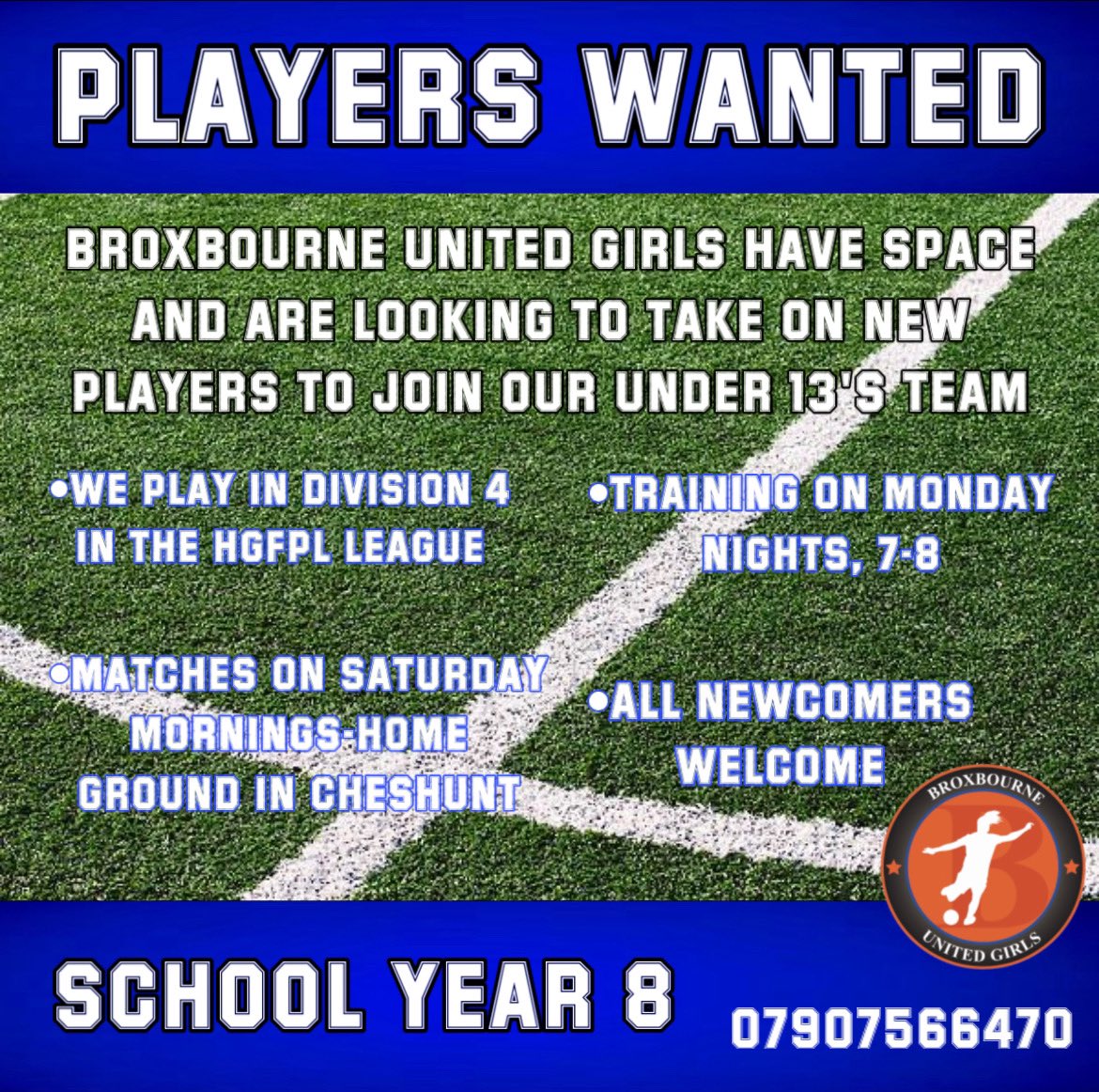 U13s team looking to take players on immediately.
Playing in division 4 of the Hertfordshire Girls Football Partnership League.
Please contact 07907566470