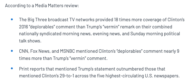 NEW STUDY: Broadcast, cable, and print outlets have given Donald Trump calling his enemies 'vermin' a tiny fraction of the coverage they gave Hillary Clinton's 2016 remark calling some Trump supporters 'deplorables' mediamatters.org/donald-trump/m…