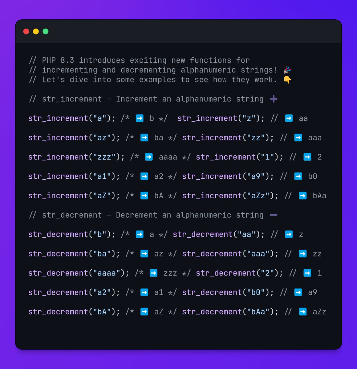 MrPunyapal's tweet image. 🚀 Exciting news for PHP devs!
PHP 8.3 brings awesome functions for incrementing and decrementing alphanumeric strings! 🎉
Check out the examples below to see them in action! 👇
#PHP #PHP83💻➕➖