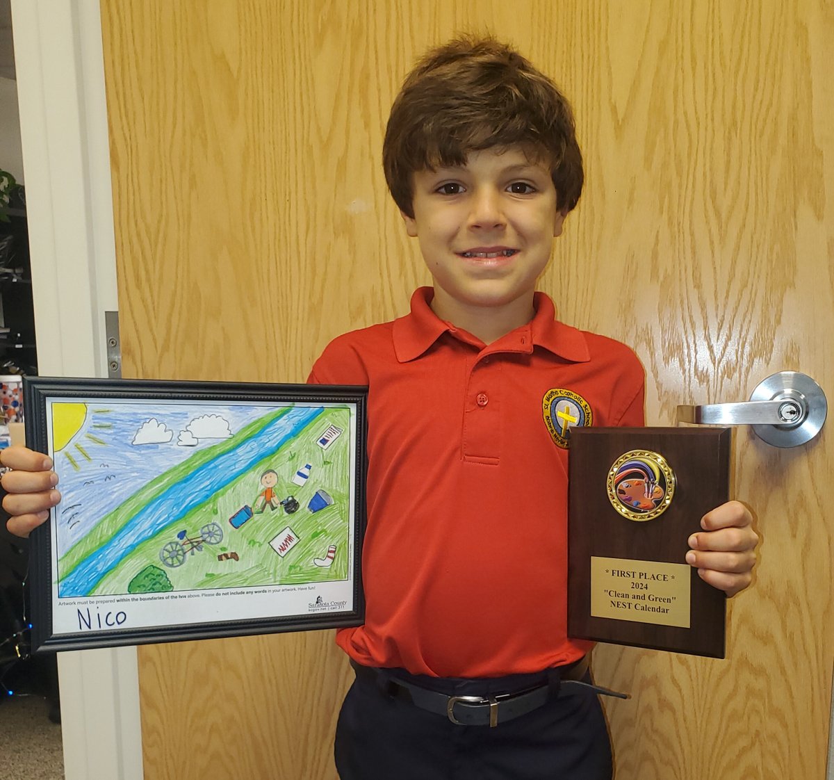 StMarthaCS's tweet photo. Congratulations to Nico who was selected as one of the winners for the 2024 @SRQCountyGov Neighborhood Environmental Stewardship Team (NEST) Calendar. Nico's artwork is featured for the month of February! #ExcellenceInKnowledge #Art #CleanandGreen https://t.co/rxAnaZzjyt