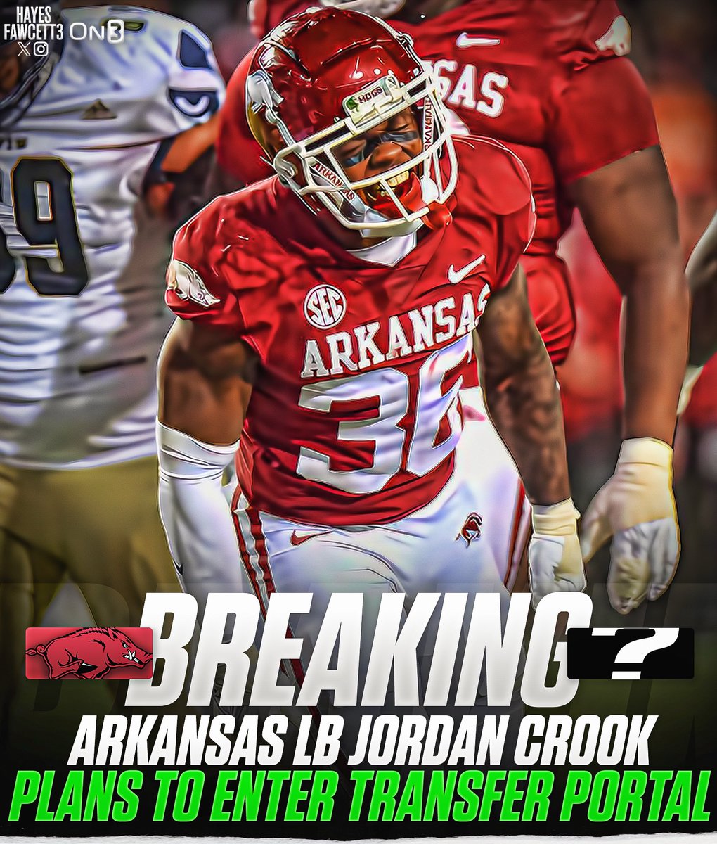 Hayesfawcett3's tweet photo. BREAKING: Arkansas LB Jordan Crook plans to enter the Transfer Portal, he tells @on3

The 6’0 220 LB from Duncanville, TX will have 2 years of eligibility remaining 

Played in 25 games for the Razorbacks, totaling 40 tackles

https://t.co/Cvq2p7C33U https://t.co/zKB30Lm9Mu