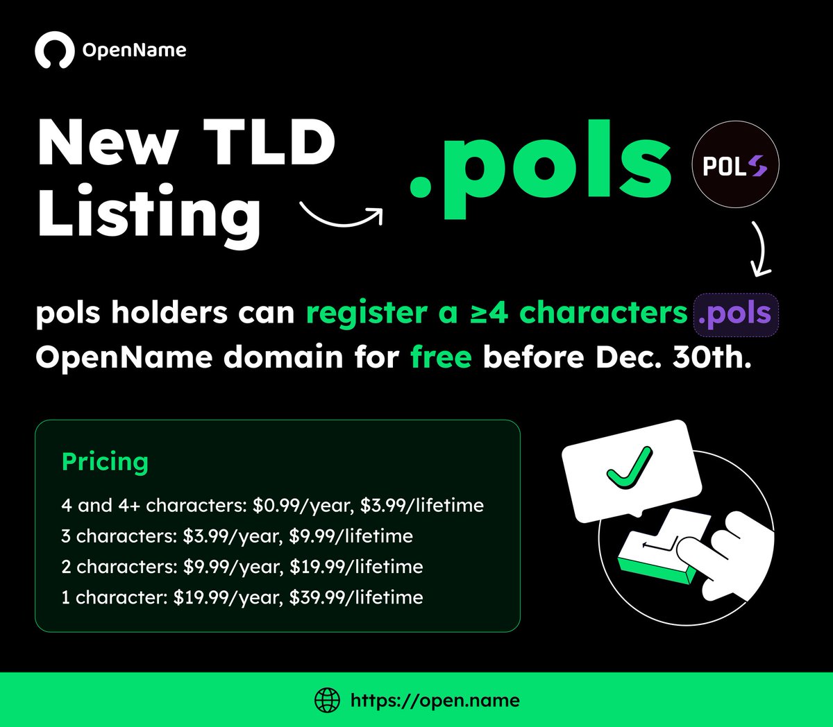 🚀We are thrilled to announce the listing of the new OpenName TLD: .pols

🫡❤️To show our respect for the #PRC20, a new token standard on the Polygon network inspired by the Bitcoin Ordinals-based BRC-20 standard, we decided to give all $pols inscription holders a gift that they