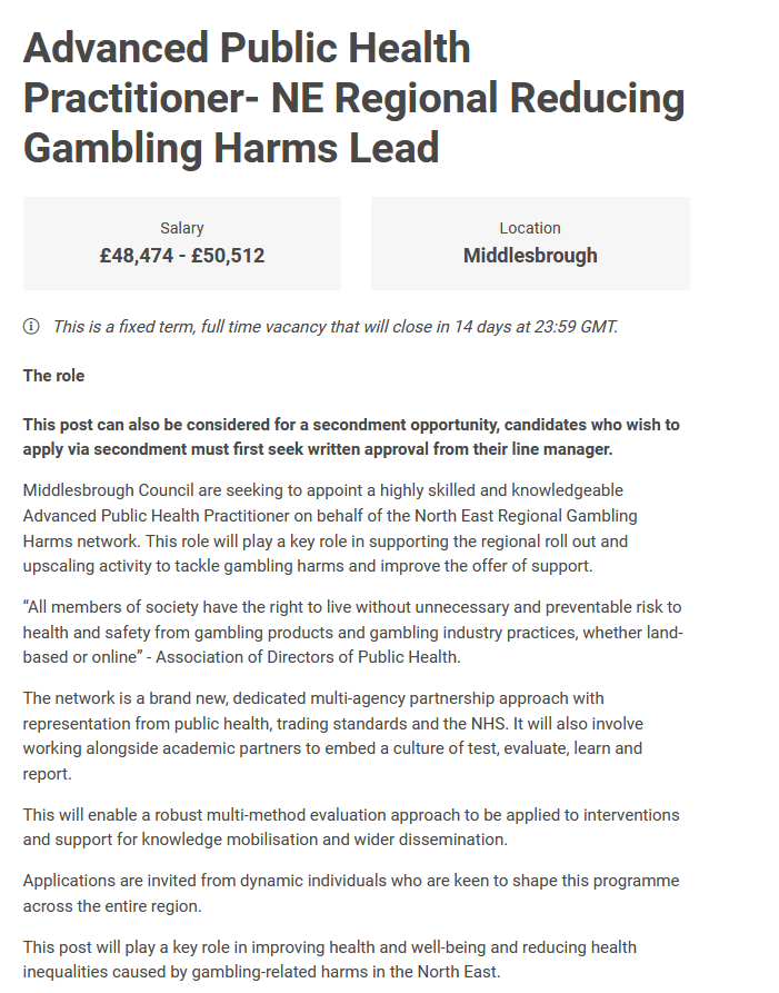 pubhealthjobsuk's tweet photo. Advanced Public Health Practitioner- NE Regional Reducing Gambling Harms Lead
Middlesbrough Council on behalf of @ADPHNE 
Middlesbrough with hybrid working
£48,474 - £50,512
Closes 12/12

https://t.co/mUMPYyJ8NN https://t.co/XMnBBjRhAy