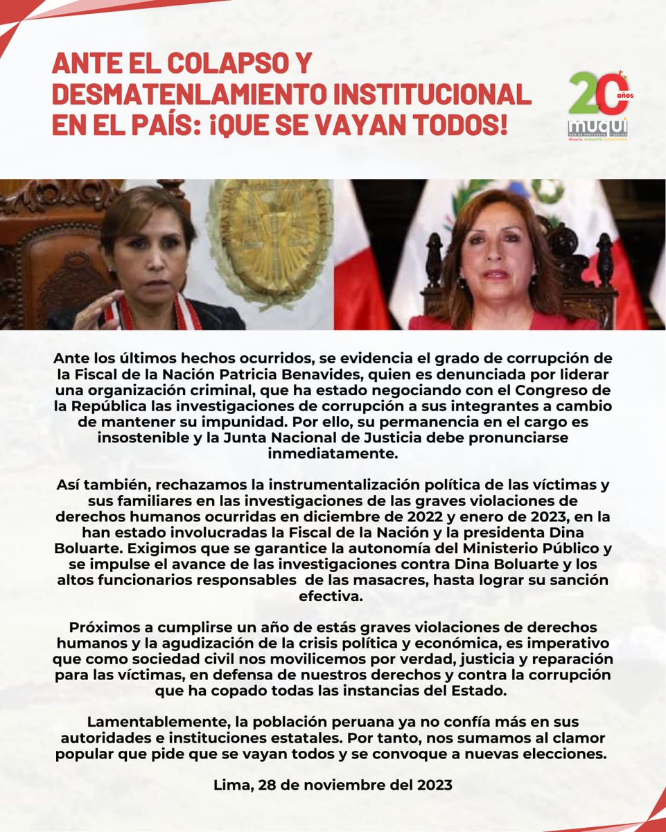 RedMuqui's tweet photo. Frente a los últimos sucesos que involucran a la fiscal Patricia Benavides, a la Defensoría del Pueblo y al Congreso y que ponen en entredicho la independencia de las investigaciones por los crímenes cometidos durante las protestas, nos pronunciamos.
#QueseVayanTodos #DinaAsesina https://t.co/Kj9WQgn0n8