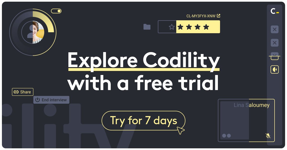 codility's tweet image. Unlock the power of Codility&apos;s Evaluation Engine with a #freetrial! 🚀 

Gain full platform access, create custom tasks, explore video #proctoring, &amp;amp; more. 

See for yourself how #Codility can help you hire the right #engineers – 2.5x faster

Click here: bit.ly/49OeBGS