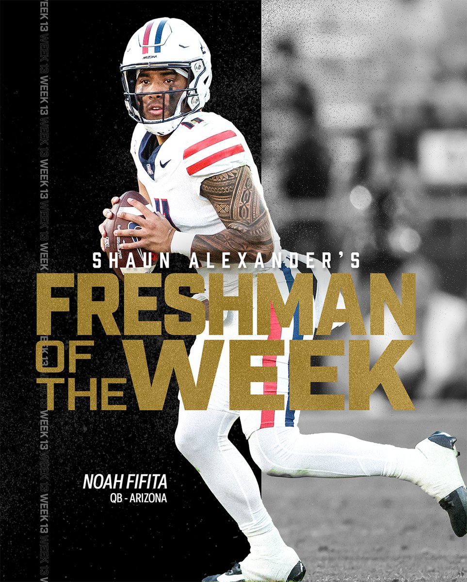 shaunalexander's tweet photo. Congrats to Noah Fifita, QB, Arizona! @thenoah_fifita1 is this week’s Shaun Alexander Freshman of the Week. s/o @TedyBruschi @RobGronkowski @LanceBriggs @ArizonaFBall #FPOY #AlexanderAward #PrinceOfCollegeFootball #CarrytheCoin #FinishTheGame @MaxwellFootball https://t.co/awkH4rtF8E