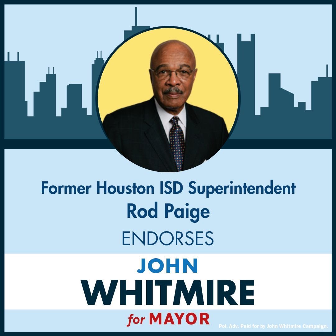 whitmire_john's tweet image. THANK YOU FOR THE ENDORSEMENT 🎊 🎉 “It is my great pleasure to enthusiastically endorse John Whitmire for Mayor of Houston,” said Former Superintendent Paige. “John has been a remarkable leader on behalf of Houston for decades and was a crucial ally to me at Houston ISD as he…