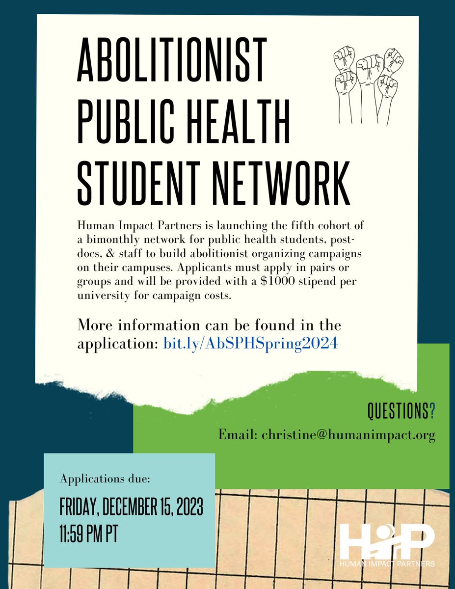 HumanImpact_HIP's tweet photo. We’re back again with the Abolitionist Public Health Student Network for Spring 2024! This cohort will be focused on the development of abolitionist campaigns on members’ campuses. More info &amp; application: https://t.co/x3KCdFRtM0 #HealthNotPunishment https://t.co/WT5ffWTXFb