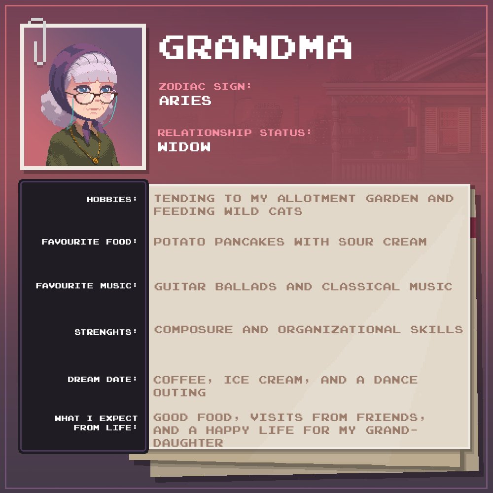 Less than 2 days to go for <a href="/pixel_cafe/">Pixel Cafe</a> release!

While we are waiting, meet the heart and soul of Pixel
Cafe - Grandma! Her wisdom and warmth have shaped
Pixel's world more than any coffee could