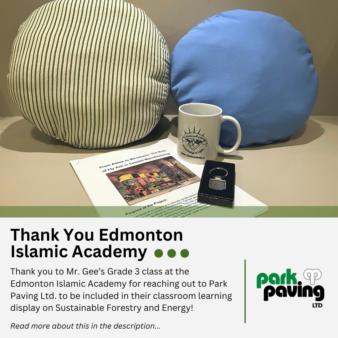 ParkPaving's tweet photo. Thank you to Mr. Gee’s Grade 3 class at the Edmonton Islamic Academy for reaching out to Park Paving Ltd. to be included in their classroom learning display on Sustainable Forestry and Energy. https://t.co/dbK8TSE38S