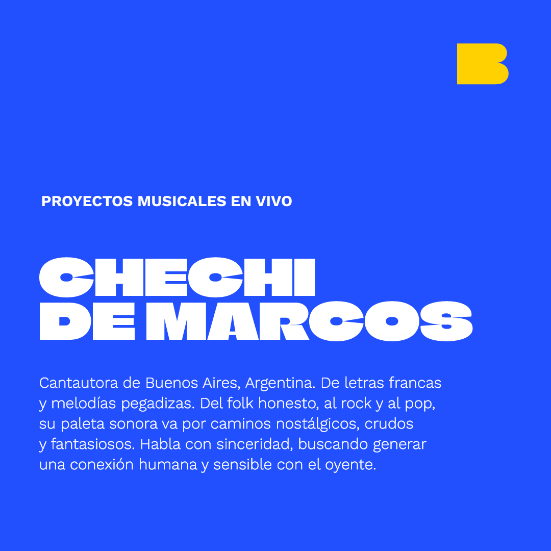 Estxs son lxs ganadores de las Convocatorias Especiales 💥

Chechi De Marcos (Bs. As. 1992) lanzó su EP, Antes (de florecer) en 2020 y su primer álbum, Cecilia, en 2022. Es una de lxs 7 ganadorxs de la convocatoria Proyectos Musicales en vivo

¡Felicitaciones! 🎙️ #LaBienal10Años