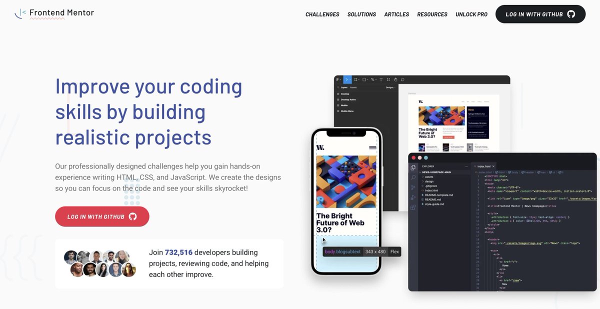 frontendmentor's tweet image. At Frontend Mentor, we firmly believe that project-based learning is the most powerful way to grow your skills.

Over the years, we've found a place in the web dev learning space, helping devs worldwide gain hands-on experience building projects using a professional workflow.