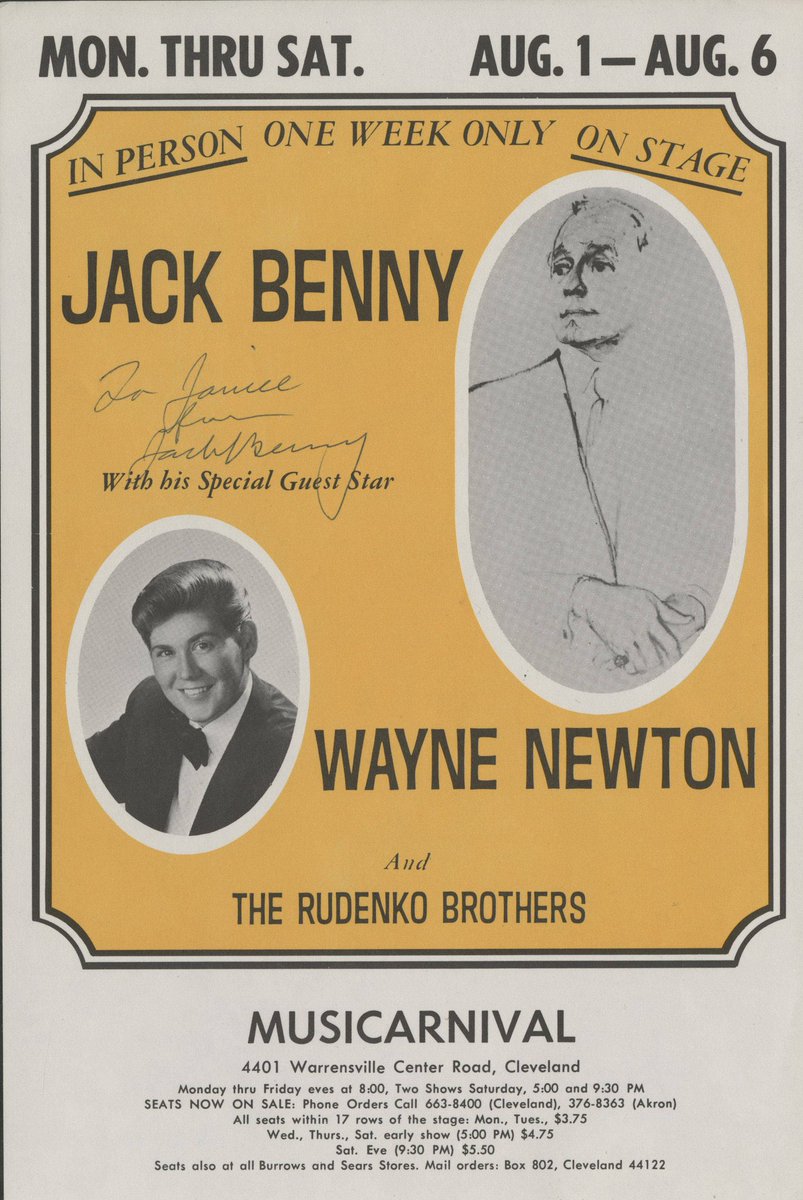 Jack Benny and Wayne Newton at Musicarnival. 4401 Warrensville Center Rd. Flyer autographed by Benny. Source: @Cleveland_PL Digital Gallery