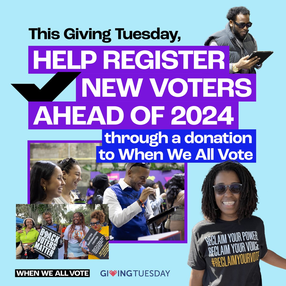 We all know 2024 is a BIG election year, so we’re already planning how to register and turn out MORE voters than ever before! Join us in gearing up for the year ahead. Make a #GivingTuesday gift that will power our work to reach voters across the country: weall.vote/givingtuesday
