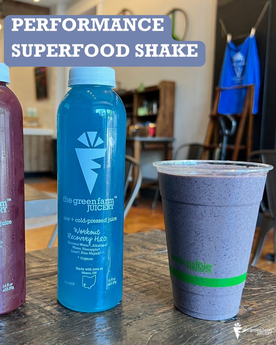💪🏽Athletes, this was designed for YOU! Refuel with this protein-filled  superfood smoothie.

Almond Milk, Blueberries, Banana, Power Greens, Vegan Protein Powder, MCT Oil, Almond Butter, Chia Seeds, Brazil Nuts, Dates, Ashwagandha

greenfarmjuicery.com/locations