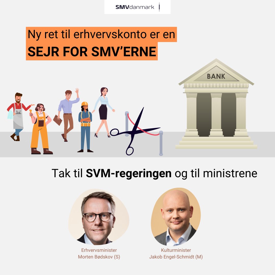 SMVdanmark's tweet photo. SVM-regeringen har præsenteret et forslag, der skal sikre iværksættere ret til en erhvervskonto i banken #smvdanmark #dkpol #dkbizz https://t.co/3hau85ujd2