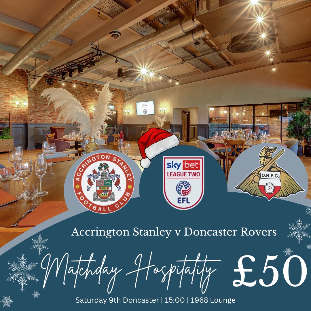 🎄 Matchday Hospitality - Stanley v Doncaster Rovers Experience our 1968 Lounge on the 9th December as we welcome Doncaster Rovers to the Wham Stadium! The perfect way to kick start your Christmas Places are filling up fast so book today on 01254 356950 OPT2 ❤