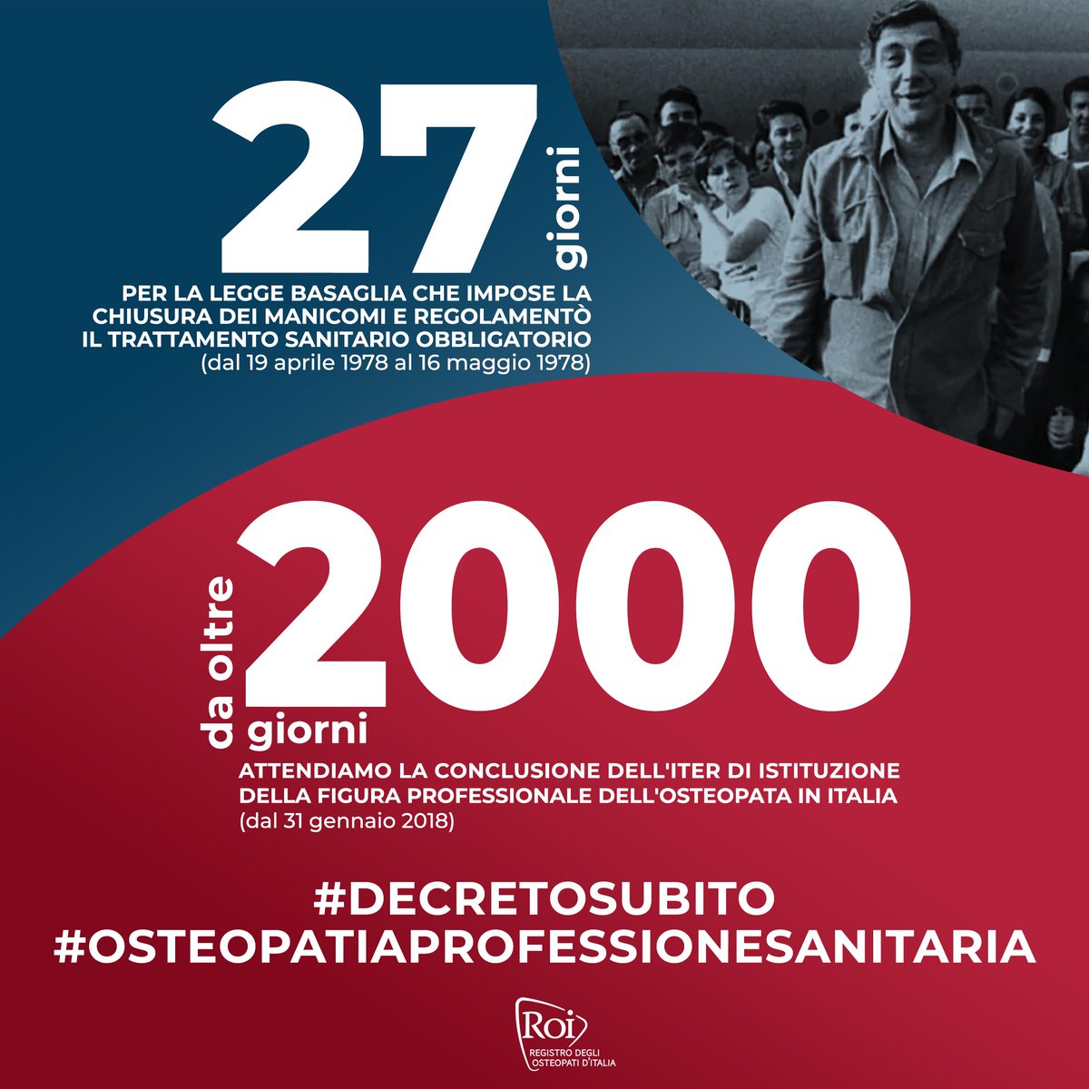 Ci sono voluti 27 giorni per varare in Italia la legge Basaglia, mentre #osteopati e cittadini attendono da oltre 2.000 giorni che la Legge 3/2018 che individua l’#osteopatia come professione sanitaria venga attuata!
FIRMA LA PETIZIONE 🖋 bit.ly/PetizioneOsteo…