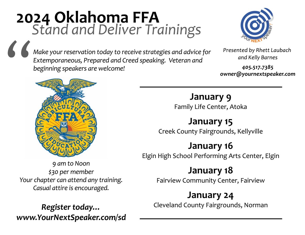 This is our 26th year to offer the #StandAndDeliver trainings to <a href="/OKFFA/">Oklahoma FFA</a>  members. Over 8,000 students have learned the path to success in speaking CDEs. Register today at YourNextSpeaker.com/sd.