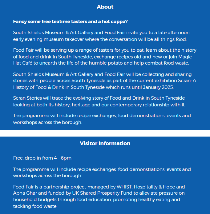 This Thursday, the 30th of November, South Shields Museum are hosting the SCRAN Stories Food Fair between 4pm and 6pm.

 #SouthShieldsMuseum #SCRANStories #FoodFair