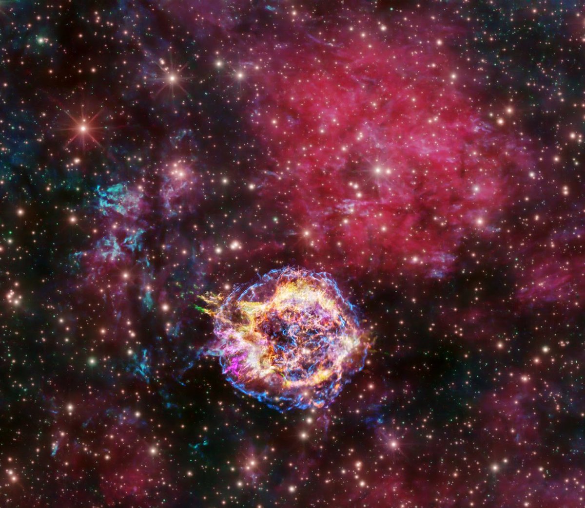 chandraxray's tweet photo. A group of astrophotographers has captured an enchanting, new ground-based view of Cassiopeia A. When combined with X-ray data from Chandra, we get a fresh perspective on the familiar supernova remnant and its place in space. More info: https://t.co/49JBrflMsj https://t.co/GY29bjoca3