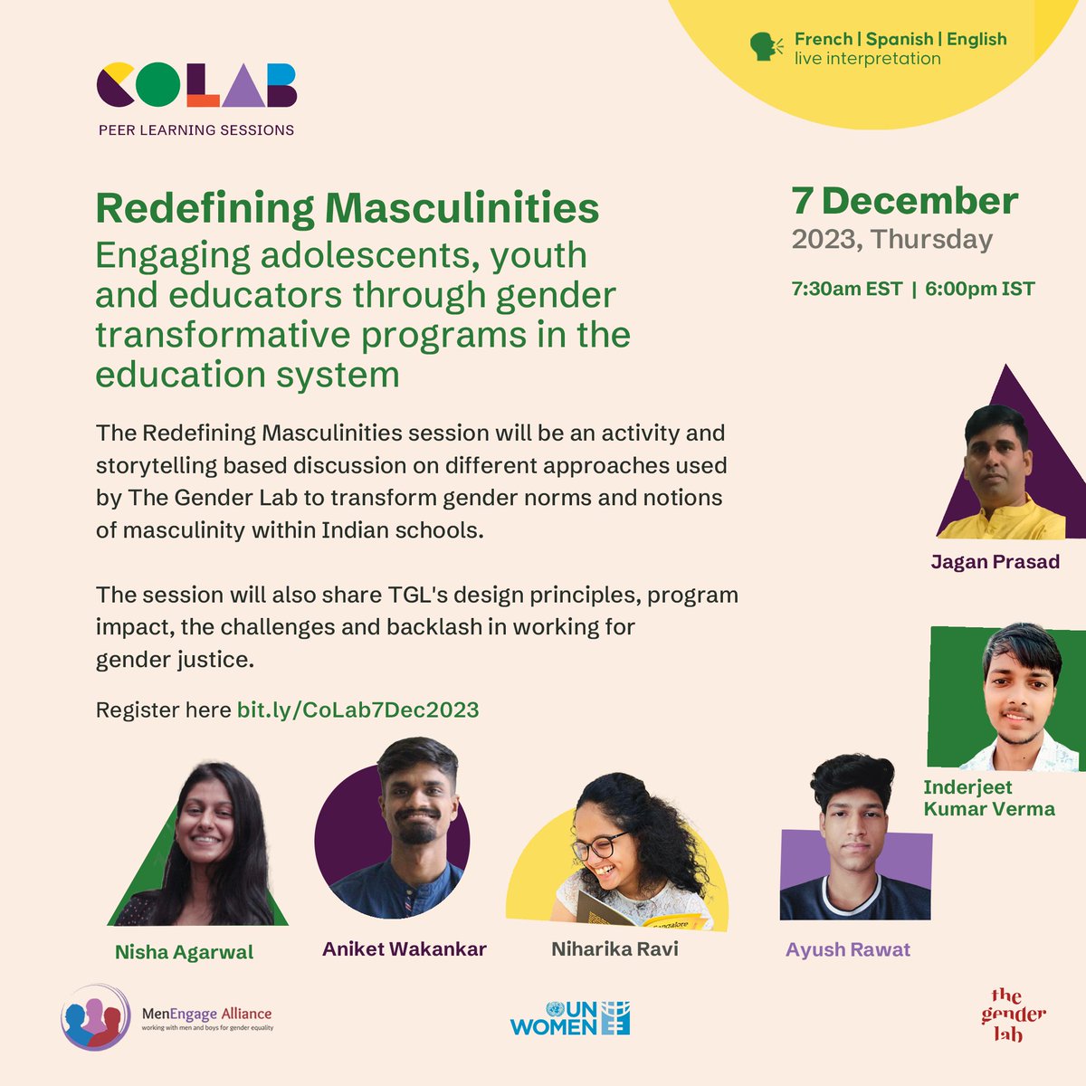 📢SAVE THE DATE | 📷7 Dec Join us for an online session where we hear from @thegenderlab on engaging adolescents, youth and educators for gender transformative change. As part of #MenEngageCoLab in colab with @UN_Women 📷REGISTER bit.ly/CoLab7Dec2023