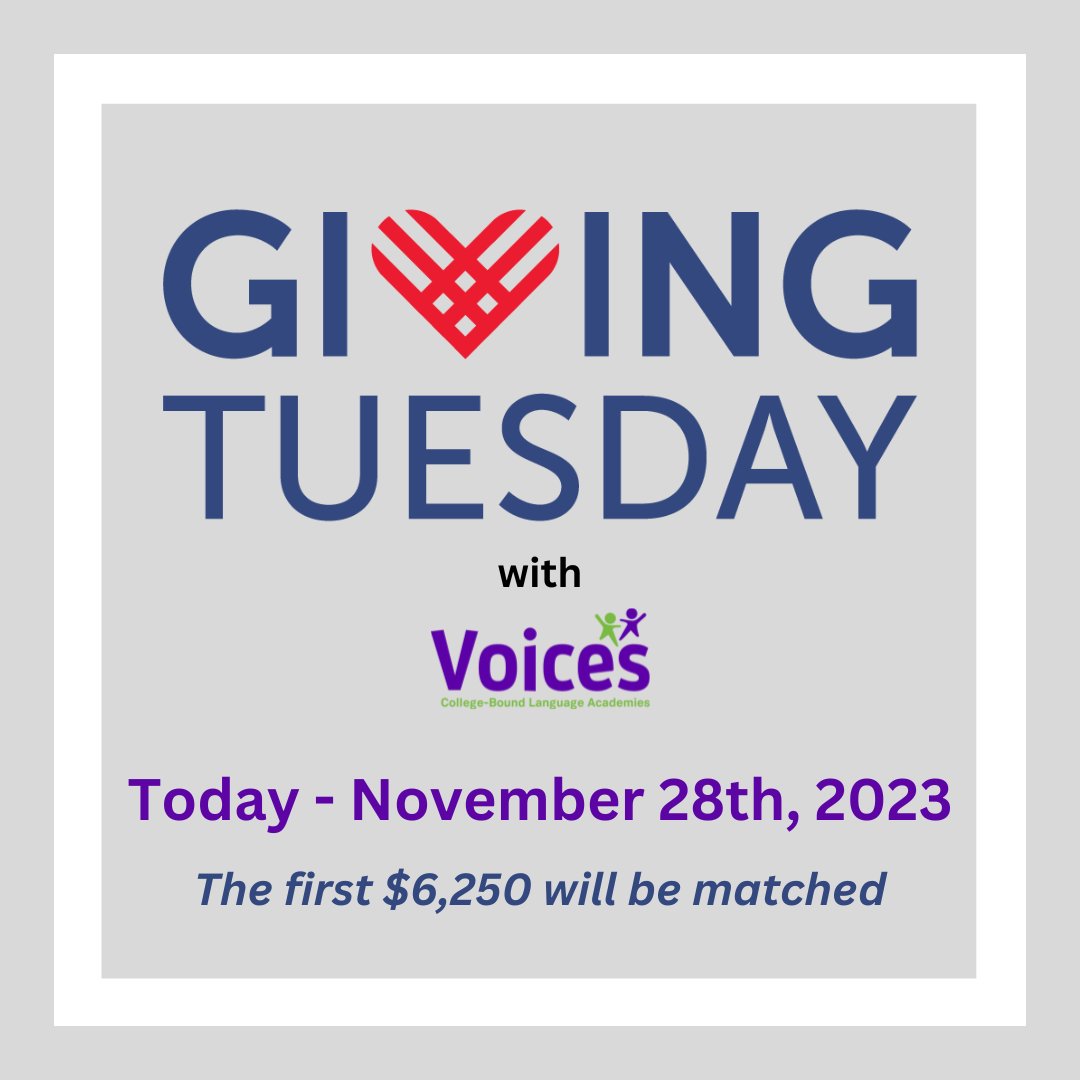VoicesAcademies's tweet photo. Happy #GivingTuesday! Today is one of the biggest giving days of the year, and we’ve set a fundraising goal of $15,000. Can we count on you to help us get there before midnight tonight?

Please consider donating here on our Voices website: 
https://t.co/vcYB15VMZr https://t.co/74bqjxHmEQ