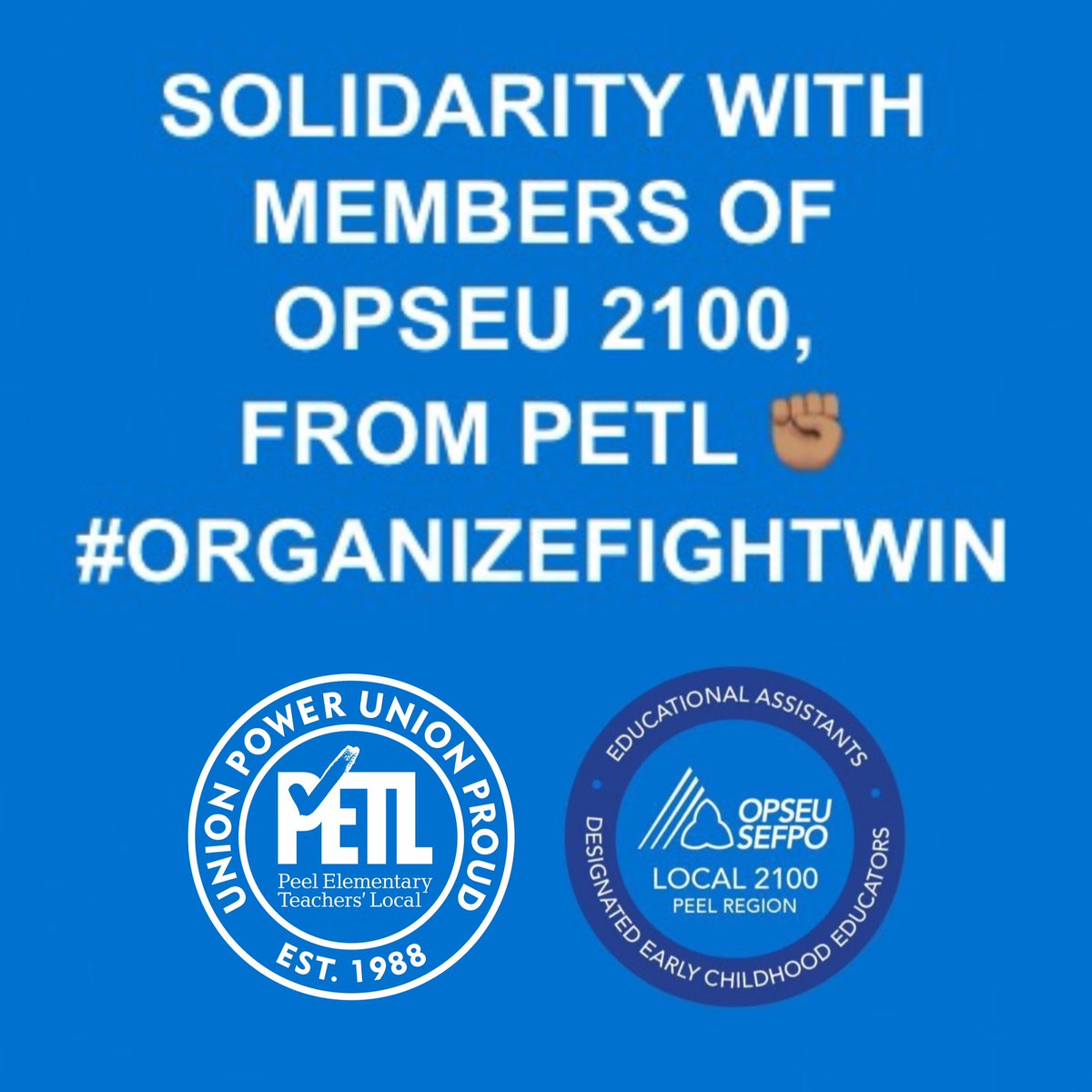.<a href="/ETFOPeel/">ETFO Peel</a> sends support &amp; solidarity to members of <a href="/OPSEU2100/">OPSEU 2100</a> – our EA, BEA, &amp; DECE teaching partners in <a href="/PeelSchools/">Peel District School Board</a> – as they begin their local strike vote today. You have the support of 7000 PETL members in your fight for fairness &amp; respect! ✊🏽 #OrganizeFightWin #OntEd #OnLab