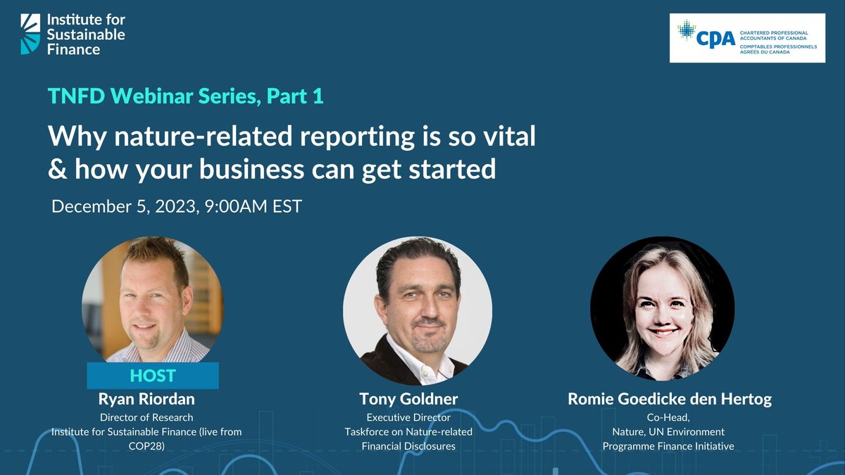 We all depend on nature to survive and thrive. On December 5th, Romie Goedicke joins <a href="/TonyGoldner/">Tony Goldner</a> of <a href="/TNFD/">shawna ingram</a> and <a href="/algoriordan/">Ryan Riordan</a> for a panel hosted by <a href="/isfcanada/">Institute for Sustainable Finance</a> and <a href="/CPAcanada/">CPA Canada</a> to talk about nature reporting and aligning finance with nature-positive outcomes. ow.ly/oMa350QbWUU