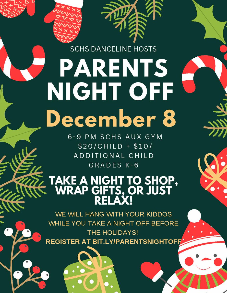 StChasCitySch's tweet photo. 🌟 Join us for Parents' Night Off on Dec 8, 6-9 PM at SCHS Aux Gym. $20/child, $10/additional child. Grades K-6. Treat yourself to "me-time" before the holiday rush. Register: https://t.co/isd3rHZ0gB. Let's make the holidays easier! 🎁 #ParentsNightOff #SCHSDanceline https://t.co/v3g04vpwg0