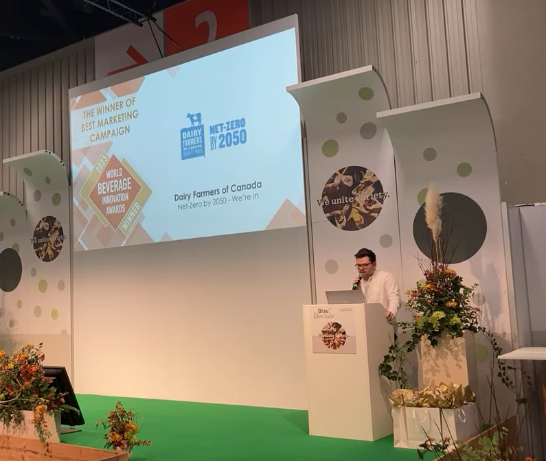 DFC wins an international award (4th) for best marketing campaign demonstrating the importance of #sustainability for farmers. Best part? Campaign features farmers doing what they love! The awards were in Nuremburg, Germany at BrauBeviale 2023 today.

#CdnDairy #NetZero2050