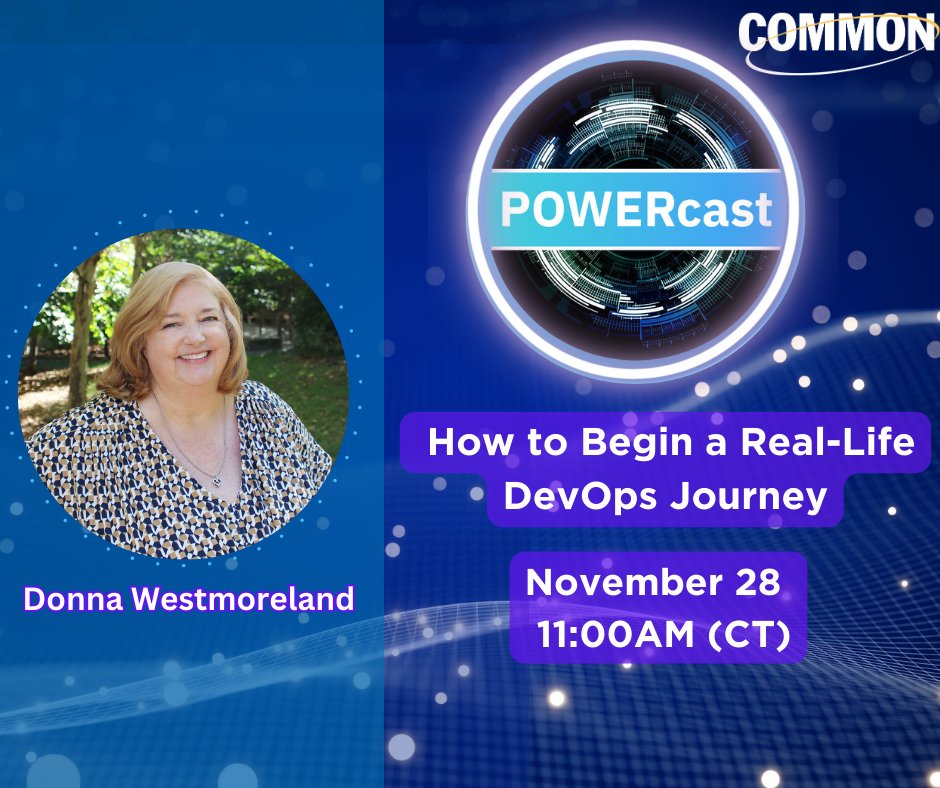 COMMONug's tweet image. Join us for the latest POWERcast with Donna Westmoreland today at 11 AM (CT) 
It's sure to be one you won't want to miss!

Register Here:
members.common.org/CommonSite/Eve…

#POWERcast #COMMON #DevOps