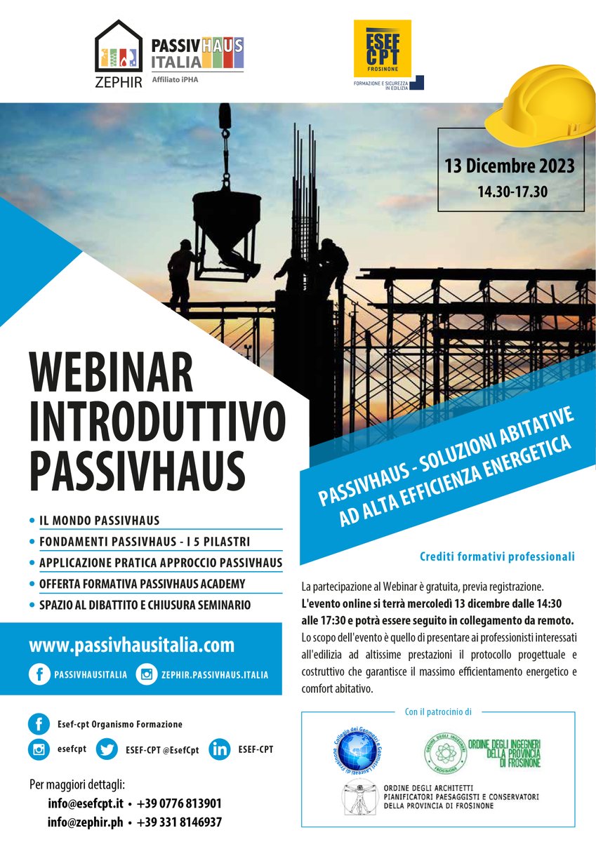 EsefCpt's tweet photo. SOLUZIONI ABITATIVE AD ALTA EFFICIENZA ENERGETICA
Webinar organizzato da ESEF-CPT e da Zephir-Passivhaus Italia.
📆 13 dicembre 2023 🕘 ore 14.30
👉Per registrarsi: https://t.co/l9yn57BCXm…Successivamente, verrà trasmesso link di collegamento. https://t.co/G2VchMrKa9