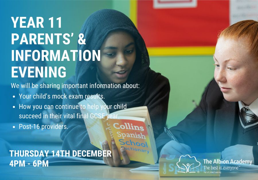 AlbionAcademy's tweet photo. Thursday 14th December, 4.00pm - 6.00pm ⭐ 
Year 11 Parents and Information Evening is only 3 weeks away. Join us to discuss your child's progress leading up to their GCSE exams.

#Respect #Ambition #Resilience https://t.co/mIjBGgb1I3
