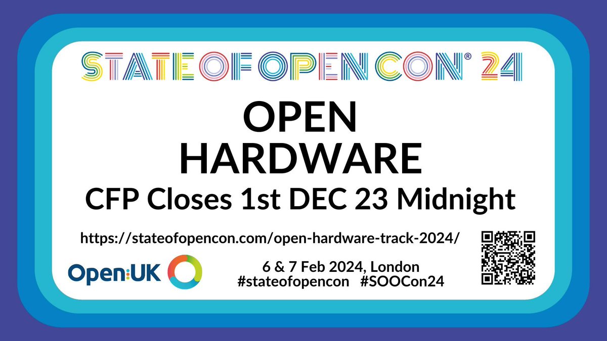 openuk_uk's tweet photo. 📢 Open hardware advocates, unite! 🌍 The Open Hardware Track Call for Papers is your opportunity to share, inspire, and collaborate. Submit before December 1st and be part of the global open hardware movement. 🚀 https://t.co/xErlpIrB8N @allisonrandal @er1p https://t.co/5ryAH4hZYF
