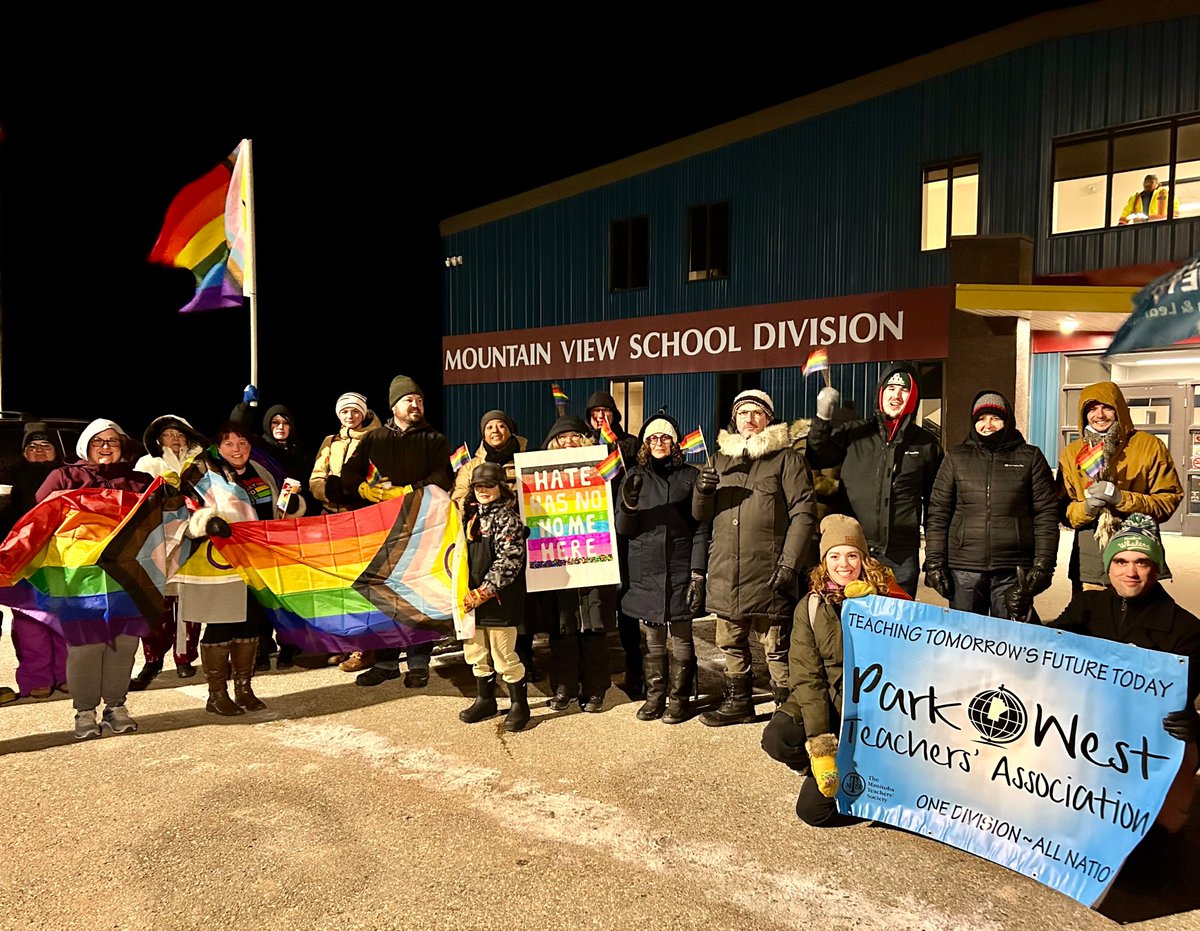 Mountain View and Park West teachers rallied outside @MVSD_Schools offices last night to respectfully show they support #2SLGBTQIA+ students. The division is currently considering 'parental rights' policies which could have a negative impact on all students.