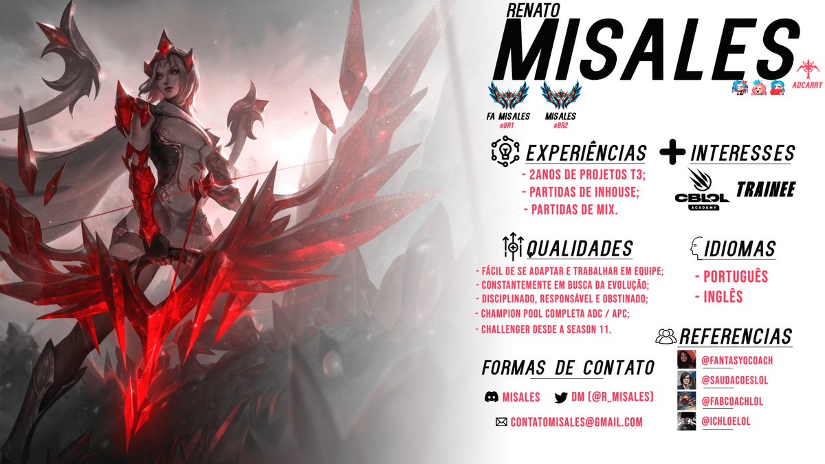 Depois de provar a mim mesmo que sou mais do que capaz. Gostaria de anunciar que me encontro Free Agent e aberto a propostas para o Trainee/CBLOL Academy como ADCARRY. Só preciso de uma oportunidade para provar que ela não foi em vão. 🙏🏻

Agradeço imensamente pelos LIKES/RT's. 🩶