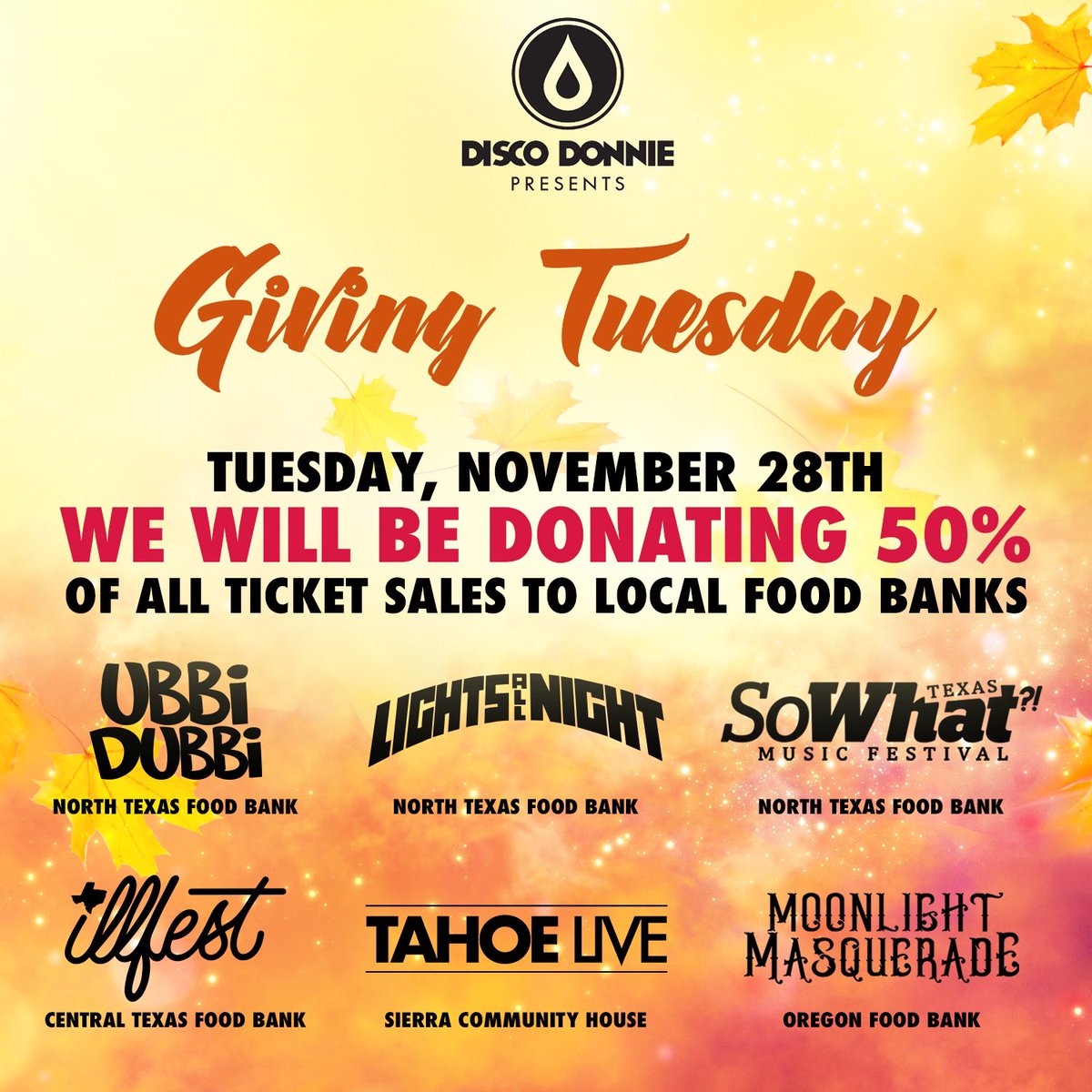 DiscoPresentsHQ's tweet photo. Today, your ticket fights local hunger!🥫 DDP and our partners are joining hands to donate 50% of all ticket sales from select events to local food banks in celebration of Giving Tuesday🍂

Your support will help ensure everyone has a warm meal to share during the holidays. Let's come together and spread love and joy to those in need 🎁

Support here!: https://t.co/G3amjYByXF