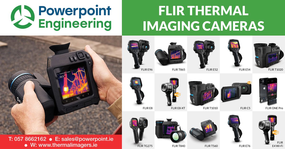 PowerpointEng's tweet photo. We stock affordable FLIR Thermal Imaging Cameras for precise temperature measurements. Ideal for building inspection, electrical diagnostics, and maintenance. Contact sales@powerpoint.ie or call 057 866 2162. Visit https://t.co/Drtq0fdLwU. https://t.co/HemXj5I6He