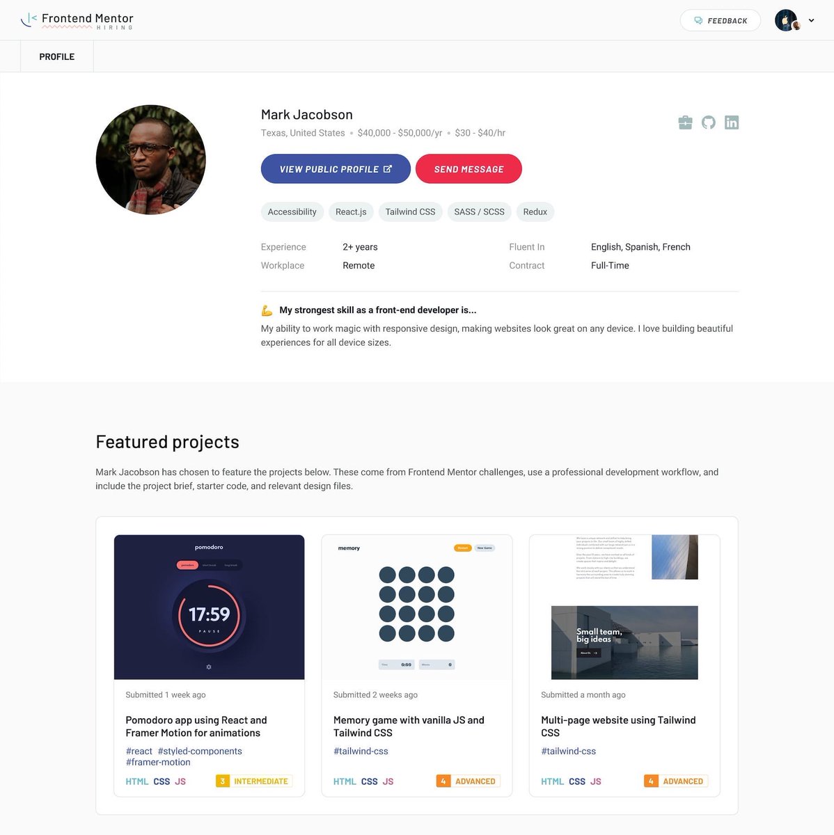 frontendmentor's tweet image. 🔍 Evaluate proven skills, not self-reported claims

Our project-based developer platform allows companies and recruiters to review candidates' work before making contact. They can evaluate their competency based on completed projects rather than relying on self-reported skills.