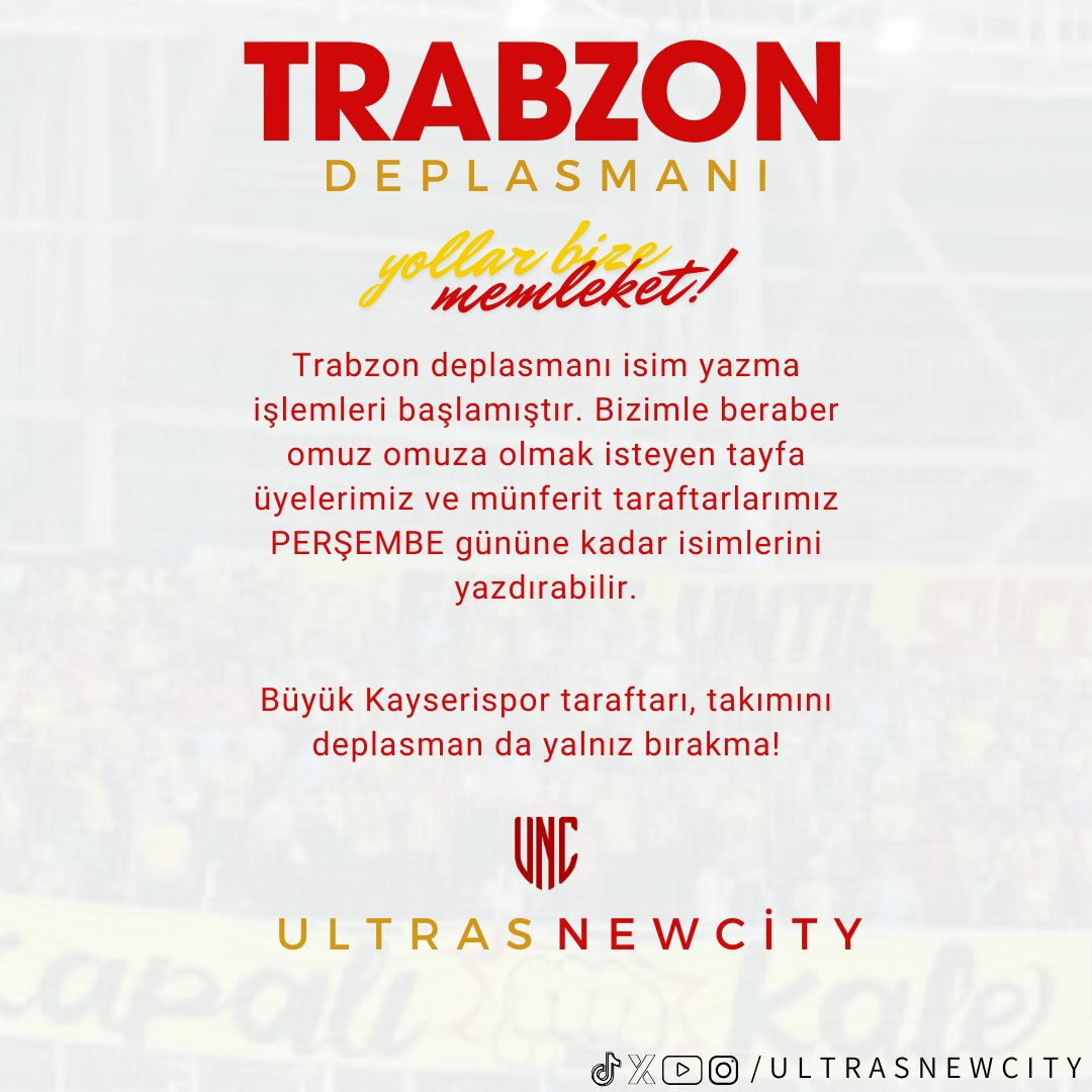 Yollar bize memleket ! 
Trabzon deplasmanı için isim yazma işlemlerimiz başlamıştır . Tayfa üyelerimiz ve münferit taraftarlarımız isimlerini yazdırabilir  .