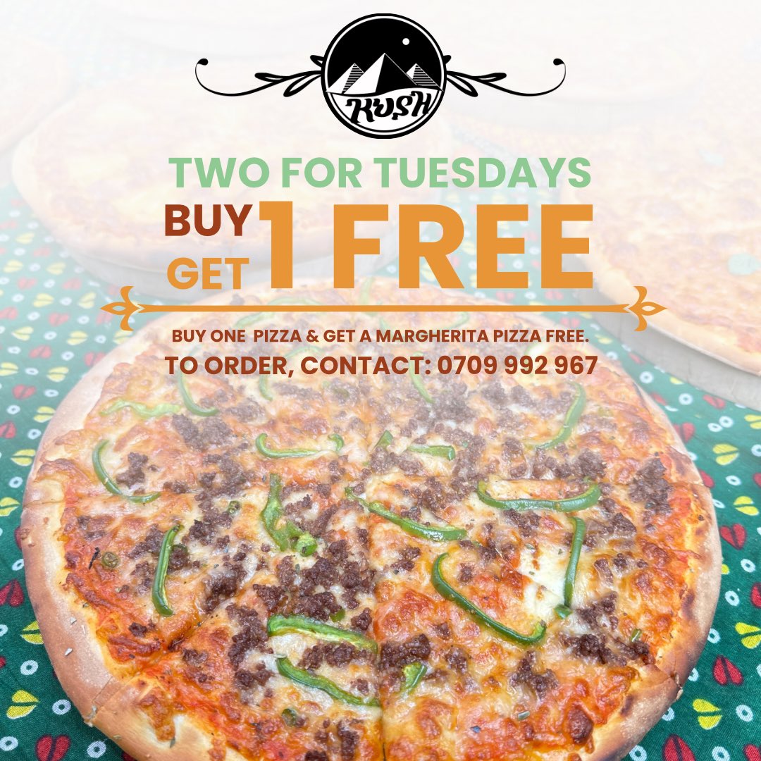 kushloungekla's tweet photo. All great things come in ๐ TWOโs ๐
Put away those saucepans and enjoy our buy one get one FREE #TwoForTuesdays offer on pizzas only at #KushLounge!!
Let's feast together!! Visit us or order in via +256 709 992 967 today!
Check out our full menu here: https://t.co/o5zaNgb0ZV https://t.co/qhVCxp6ulQ