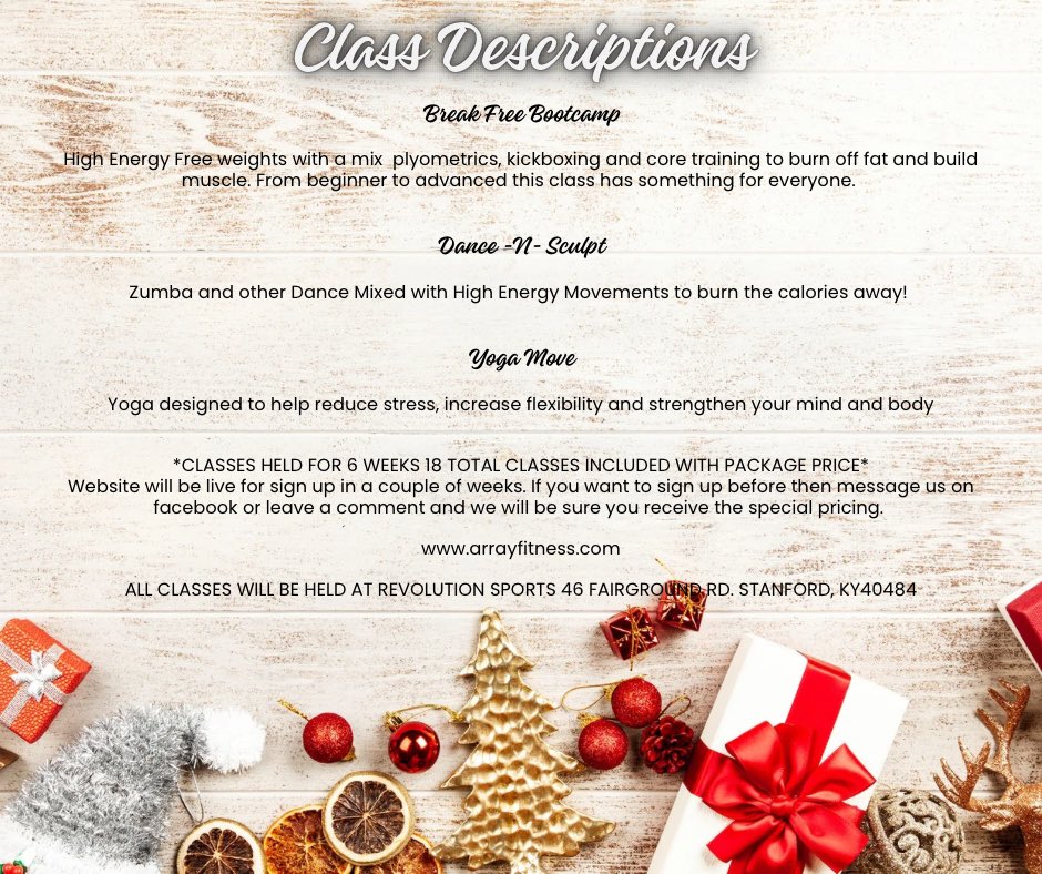 IT’S HERE!!! 
We have special pricing for early sign ups and single class pricing as well. We had hoped to have the website finished for sign up but it’s not quite there yet so if you want to sign up early shoot us a message.
Let the fitness journey begin!!